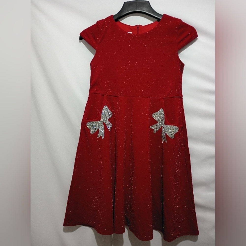 Red Glitter Kids Dress with Silver Bow Accents Size 14